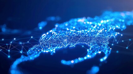 Poster - Futuristic Japan Geography Visualization, digital artwork featuring glowing nodes and fine network lines on a dark blue background, showcasing intricate technological design elements.