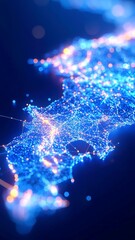 Poster - Futuristic Digital Map of Japan, intricate glowing nodes and fine network lines, dark blue background, showcasing advanced technology and geographic details in a sophisticated design