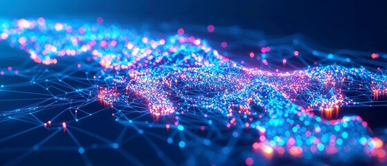 Poster - Futuristic Map of Japan, an intricate digital illustration featuring glowing nodes and fine network lines on a dark blue background, showcasing advanced technology and geography.
