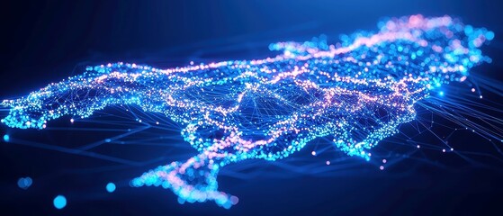 Poster - Futuristic Digital Map of Japan, intricate glowing nodes and fine network lines, dark blue background, showcasing advanced technology and detailed geographic representation