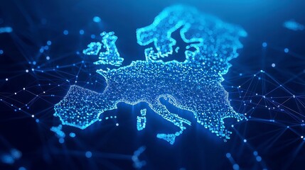 Poster - Futuristic Germany Map with Luminous Blue Nodes, Interconnected Digital Lines on Dark Blue Background, Showcasing Technological Sophistication and Modern Connectivity