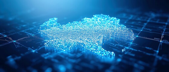 Poster - Luminous blue nodes connected by digital lines on a detailed map of Germany, set against a dark blue futuristic backdrop showcasing advanced technology and innovation.