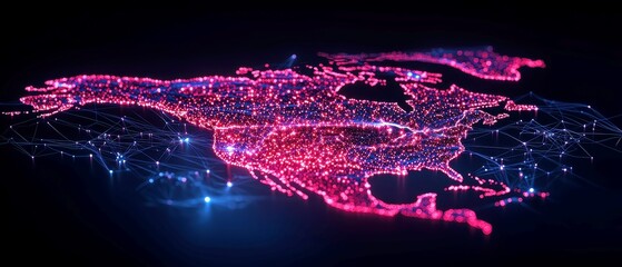 Poster - Futuristic Canada Map with Glowing Data Nodes, Intricate Network Lines, Vibrant Colors, Dark Technological Background, Sophisticated Visual Atmosphere