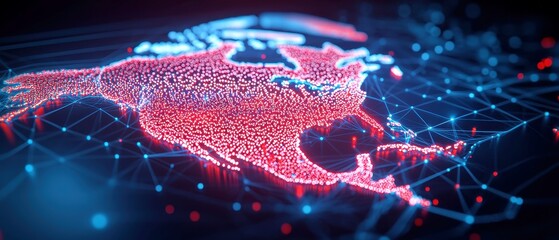 Poster - Futuristic Canada Map with Glowing Data Nodes, Intricate Network Lines on Dark Technological Backdrop, Sophisticated Visual Aesthetic, High-Resolution Design