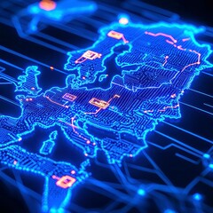 Poster - Futuristic Netherlands Map Visualization, interconnected glowing blue digital nodes and network lines, dark blue background, modern innovation atmosphere, high-resolution design