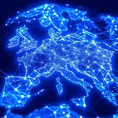 Poster - Futuristic Netherlands Map Visualization, interconnected glowing blue digital nodes, network lines, dark blue background, modern innovation atmosphere, high-resolution detail