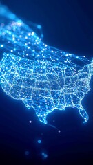 Poster - Glowing Data Network of USA, hyper-realistic digital illustration depicting interconnected blue nodes and lines over a dark-blue backdrop, symbolizing technological innovation and connectivity