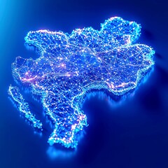Poster - Futuristic Singapore Map, interconnected glowing blue nodes and lines symbolize advanced digital innovation, set against a deep-blue tech-inspired background