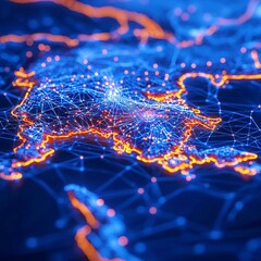 Poster - Futuristic Singapore Map, interconnected glowing blue nodes and lines, advanced digital innovation, deep-blue tech-inspired background, vibrant and immersive design