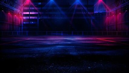 Poster - empty stage, neon lights, spotlights, and rays. dark background and neon light. night view, urban ba