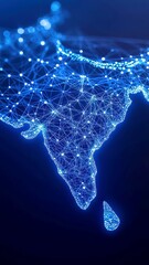 Poster - Luminous India Map, intricate digital artwork featuring interconnected blue data nodes and network lines on a dark navy background, highlighting global connectivity and technology.