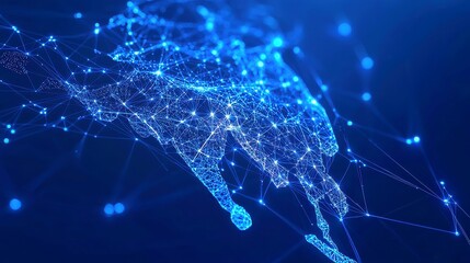 Poster - Luminous Network of India, intricate digital artwork featuring India's map outlined by glowing blue data nodes and lines on a dark navy-blue technological backdrop, highlighting global connectivity.
