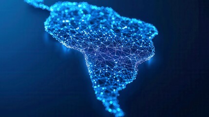 Poster - Digital illustration of Brazil's map shape created with luminous blue data streams and nodes, set against a deep navy-blue background, showcasing a futuristic aesthetic.