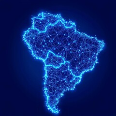 Poster - Digital illustration of Brazil's map created with glowing blue data streams and nodes, set against a deep navy-blue background, emphasizing a futuristic aesthetic.