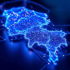 Poster - Futuristic Visualization of Thailand's Geography, glowing blue data points, interconnected network lines, sophisticated technology aesthetic, dark blue background, hyper-realistic clarity
