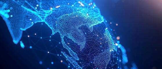 Poster - Futuristic Thailand Geography, intricate illustration showcasing glowing blue data points and network lines against a dark blue background, highlighting advanced technological aesthetics and clarity