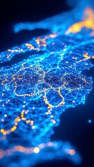Poster - Futuristic Italy Map, glowing blue digital nodes, intricate network lines, dark professional background, showcasing detailed geography in a modern visual style
