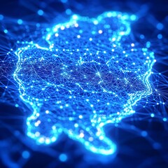 Poster - Vivid Digital Map of South Korea, interconnected bright blue data nodes and network lines, futuristic glow, dark blue background, sophisticated modern atmosphere