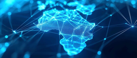 Poster - Futuristic South Africa Map with Glowing Digital Nodes, Detailed Geography Representation, Interconnected Network Lines, Sophisticated Dark Blue Background
