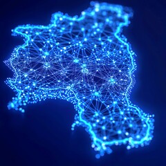 Poster - Futuristic South Korea Map, vibrant digital design featuring bright blue data nodes and network lines, glowing against a dark blue backdrop, exuding a sophisticated modern atmosphere