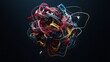 © Samtwis - A vibrant abstract tangle of multicolored electrical wires creates a complex and chaotic yet visually striking interwoven mass against a dark background, perfect for technology or
