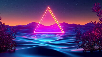 Poster - Vibrant synth wave landscape with neon triangle illuminating serene waters at dusk, Abstract synth wave landscape with neon triangle