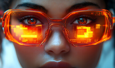 Poster - Close-up of a person's face wearing futuristic orange glasses displaying glowing circuit patterns