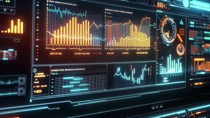 Aufkleber - futuristic digital display featuring glowing charts and data visualizations in a modern workspace, f
