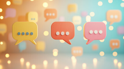 Poster - Colorful speech bubbles with dots in a dreamy background featuring glowing lights, indicating communication, dialogue, and social interaction themes