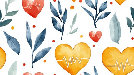 Poster - Heart and leaf Pattern: A watercolor seamless pattern featuring vibrant hearts intertwined with delicate leaves, creating a sense of warmth and life.