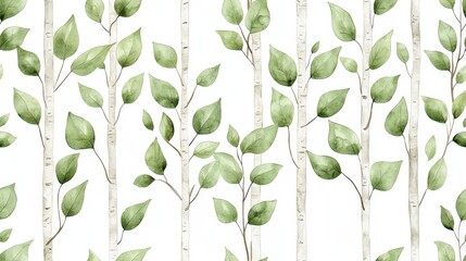 Poster - Whispering Woods: A delicate watercolor illustration showcases a repeating pattern of slender birch trees adorned with verdant foliage, evoking a sense of peace.