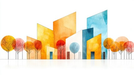 Poster - Vibrant Urban Watercolor: An abstract cityscape painted with watercolor, featuring buildings in various shapes and vibrant colors, complemented by stylized trees.