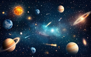 Wall Mural - seamless cosmic pattern of glowing galaxies, planets, and shooting stars in a dreamy night sky setti
