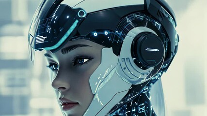 Poster - female looking robot with advanced headgear in futuristic setting showcasing technology and design, 