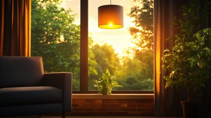 Poster - A cozy armchair in a dimly lit room near a large window overlooking a stunning sunset above a vibrant green landscape with a hanging lamp above it