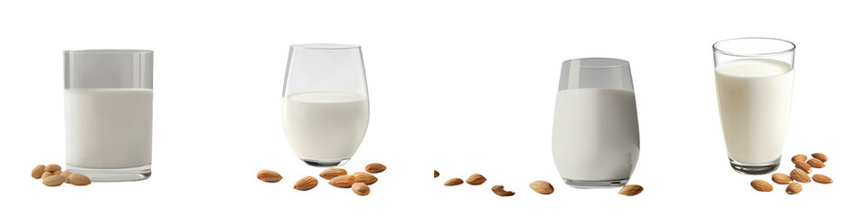 Poster - Isolated almond seeds and almond milk in a glass on a transparent background, generated by Generative Ai