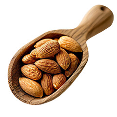 Poster - A closeup view of almond nuts in a wooden scoop, isolated on a transparent background, made using Generative Ai