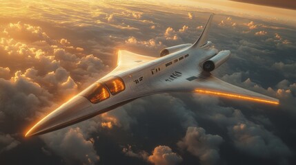 Poster - a futuristic spaceplane glides gracefully through the clouds during a vibrant sunset. its sleek desi
