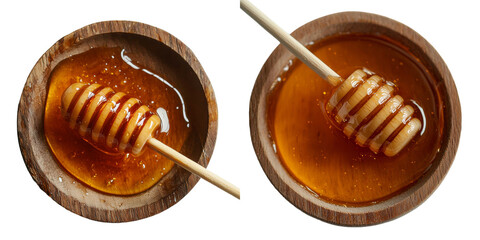 Poster - Generative Ai has produced an image of honey in a bowl, complemented by a wooden stick, isolated on a transparent background