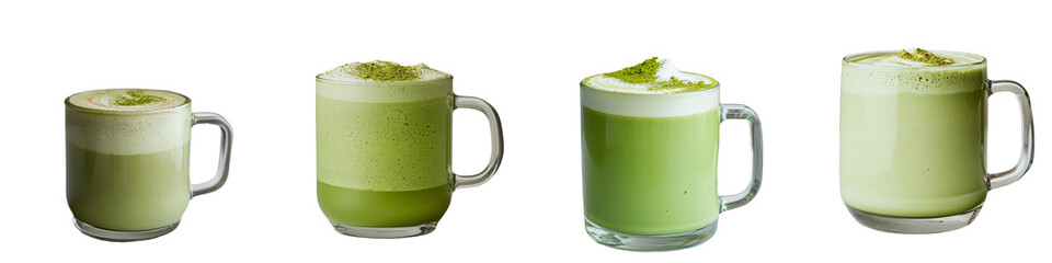 Poster - Matcha latte green tea is depicted in a glass mug, isolated against a transparent background, a creation of Generative Ai