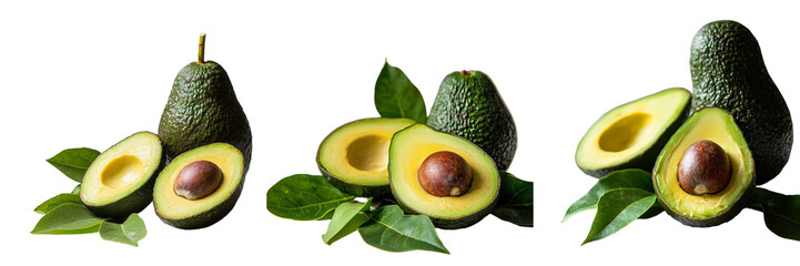 Poster - An image of a cut avocado with green leaves, isolated on a transparent background, has been generated using Ai technology