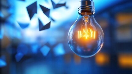 Poster - illuminated light bulb modern office space digital art futuristic environment close-up view concept 