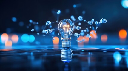 Poster - Illuminating innovation light bulb in water abstract art nighttime setting digital concept close-up view