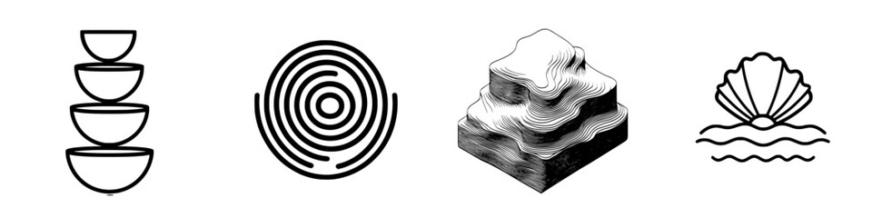 Poster - various minimalist black and white vector designs featuring geometric shapes and natural elements