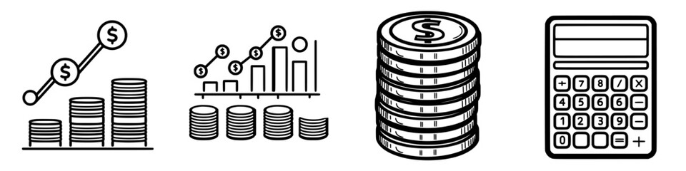 Poster - financial growth and management symbols with graphs, coins, and a calculator in a simple black and w