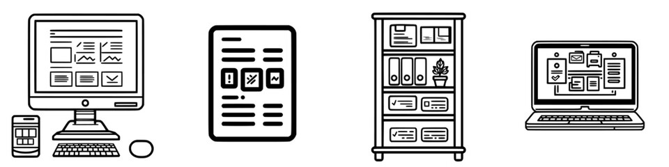 Poster - workspace setups featuring a computer, tablet, shelf, and laptop for productivity and organization