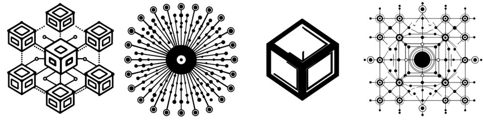 Poster - abstract geometric designs showcasing interconnected structures and patterns in black and white