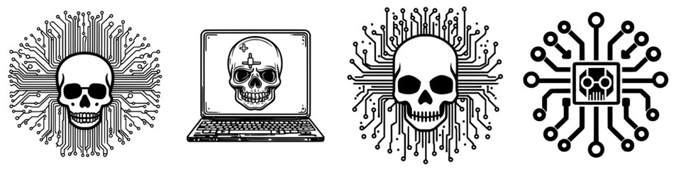 Poster - creative skull designs featuring technology elements including laptops and circuits in a digital art
