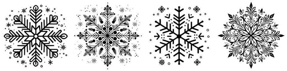 Poster - intricate black and white snowflake designs showcasing elaborate patterns and natural elements in a 