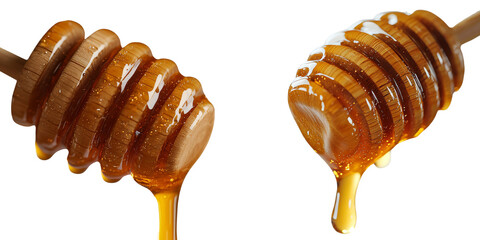 Poster - Golden honey is shown dripping from a wooden dipper, set against a transparent background, in a Generative Ai image